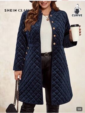 SHEIN Navy Quilted Long Puffer Coat with Gold Buttons